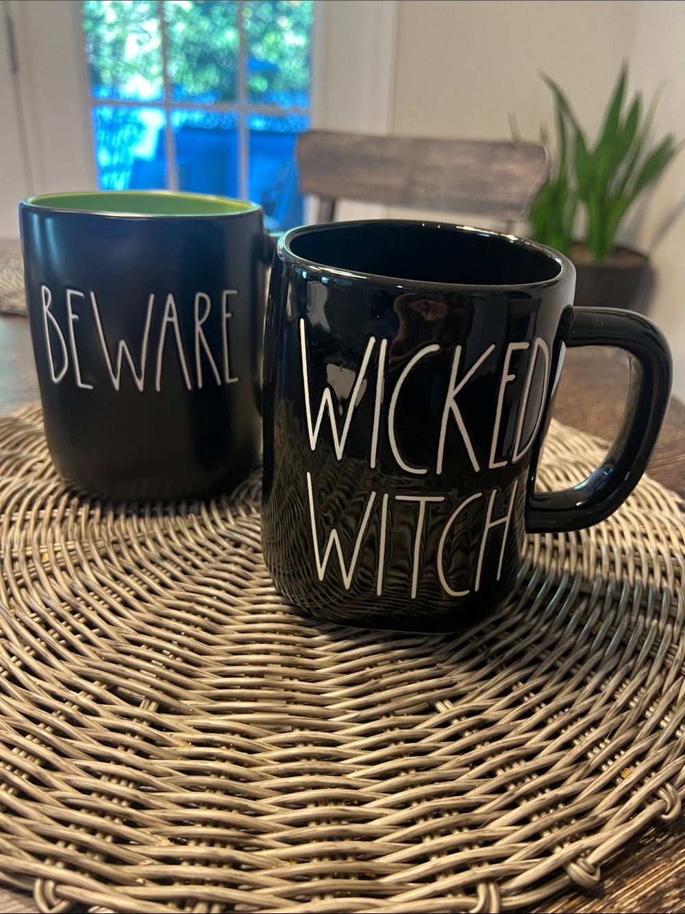Rae Dunn Black Ceramic Wicked Witch and Beware Mugs White Lettering EUC